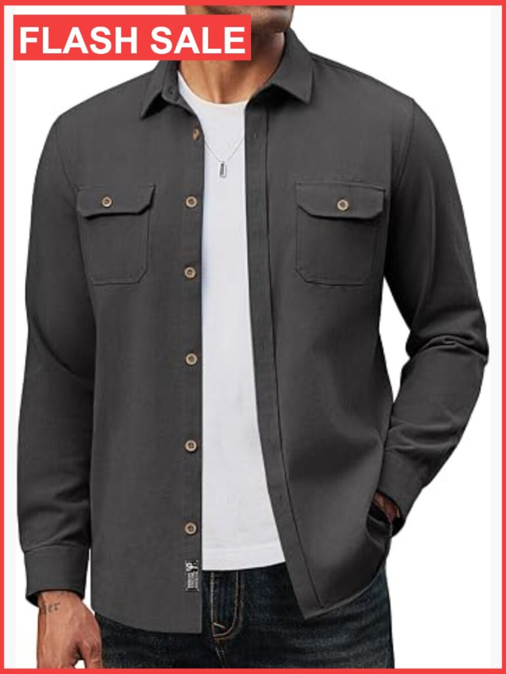 Men's Cotton Twill Shacket Button Down Casual Overshirt Long Sleeve